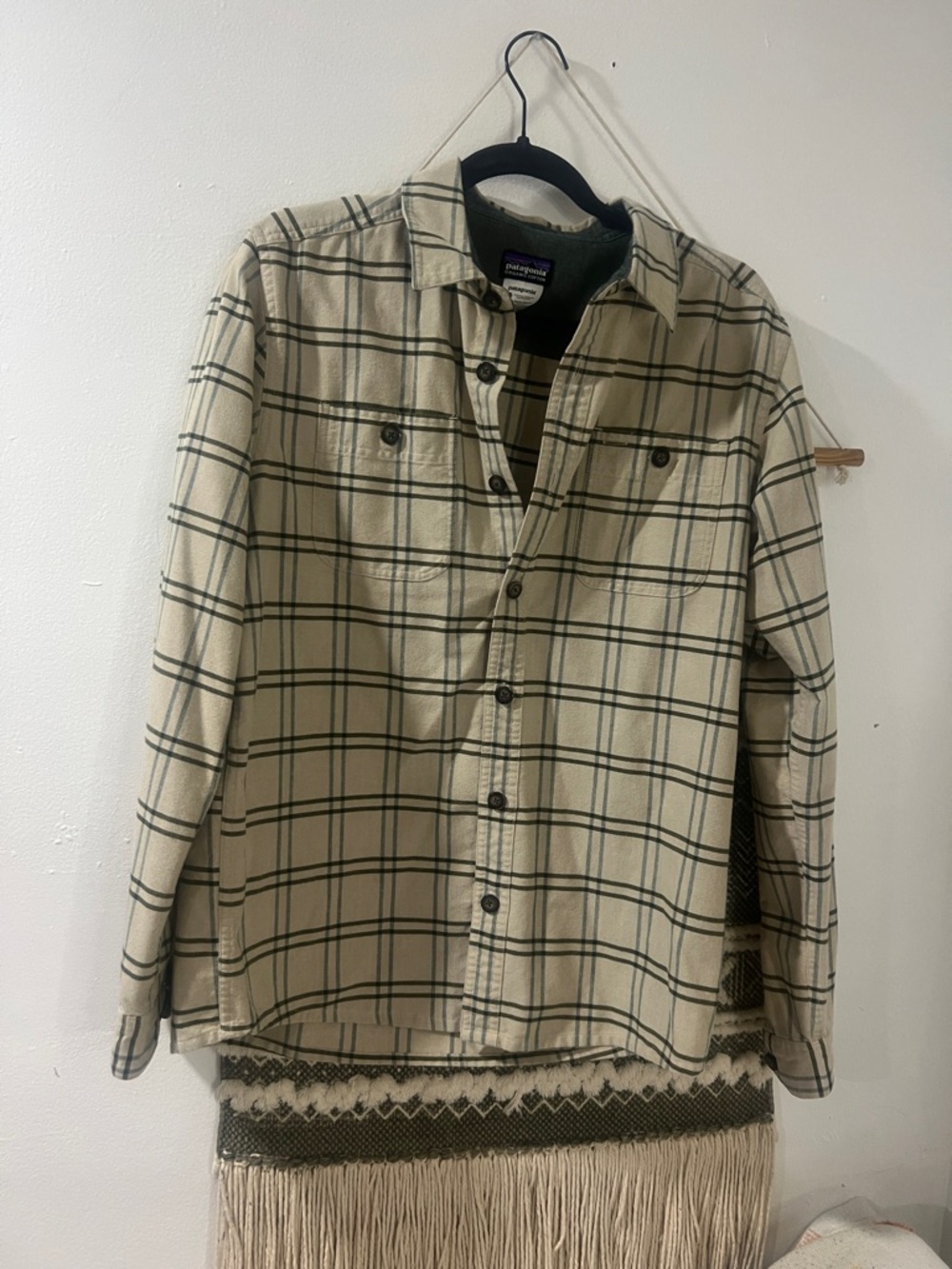 Patagonia Beige and Dark Green Plaid Shirt Jacket